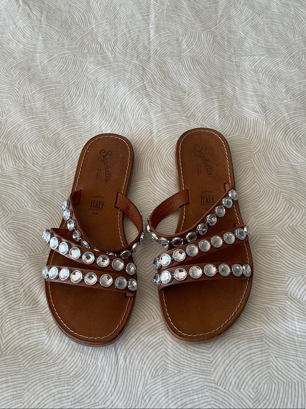 Seychelles Brown Leather Slide Sandals with Crystal Studs
